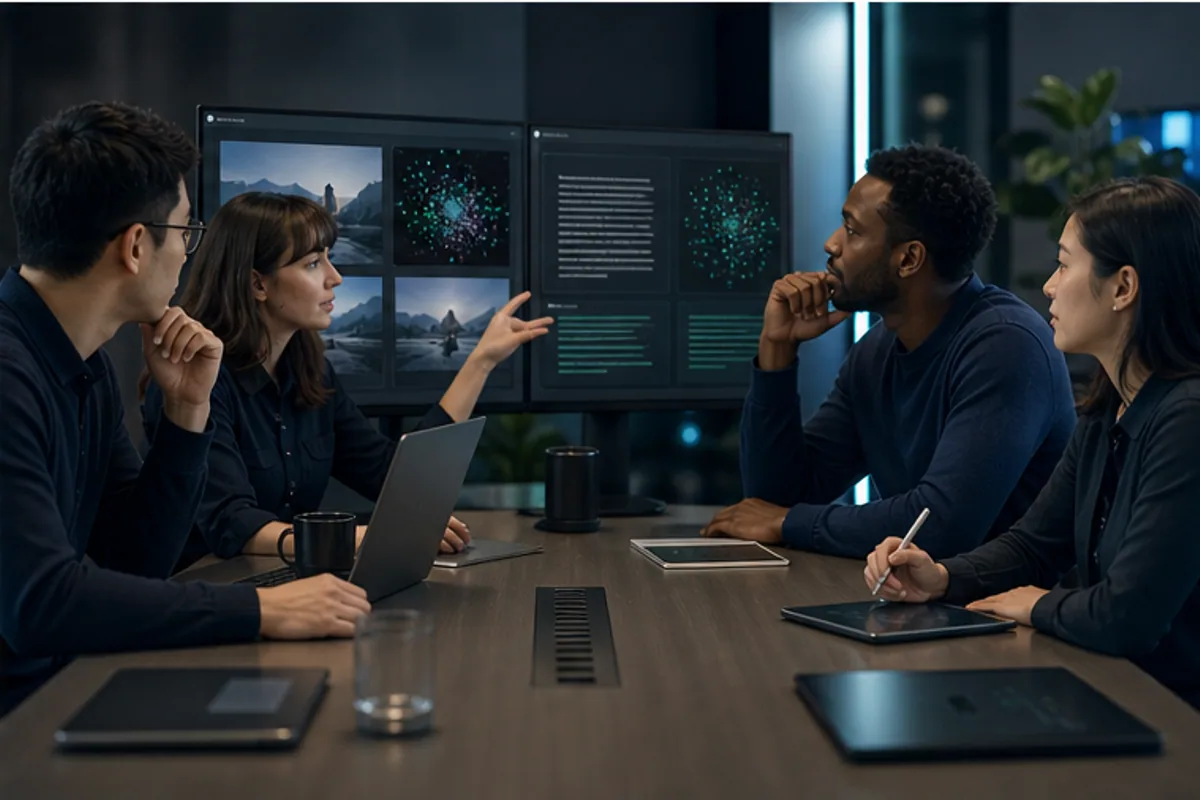 AI evaluation team comparing and resolving generative model outputs